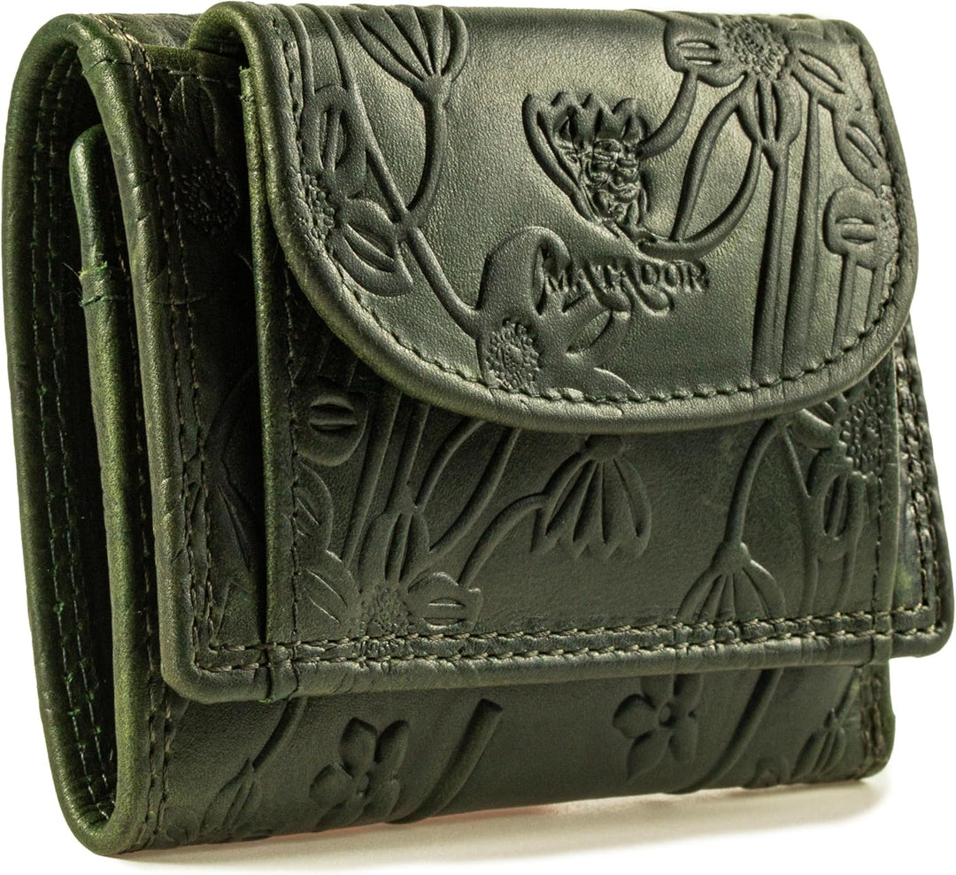 MATADOR Mini Geldtasche Echt Leder Herren Portemonnaie Klein Damen Blumen Muster Grün Klein Geldbörs