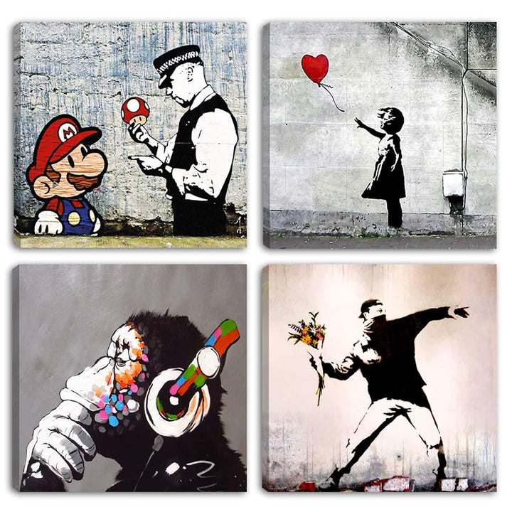 Degona Moderne Bilder Banksy 4 Stück jeweils 30 x 30 cm Druck auf Leinwand abstrakte Kunst XXL Dekor