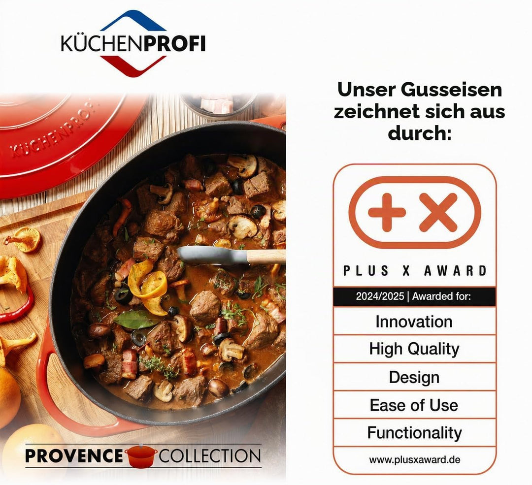 Küchenprofi Gusseisen Bräter mit Deckel, rot/innen schwarz, 40 cm, Schmortopf, Auflaufform, Dutch Ov