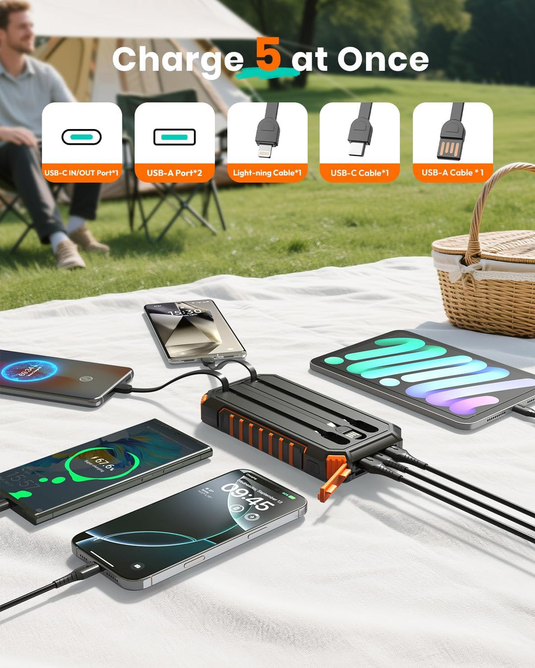 Solar Powerbank 20000mAh – 15 W Schnellladegerät, Tragbares Ladegerät, 3 integrierte Kabel mit LED-T