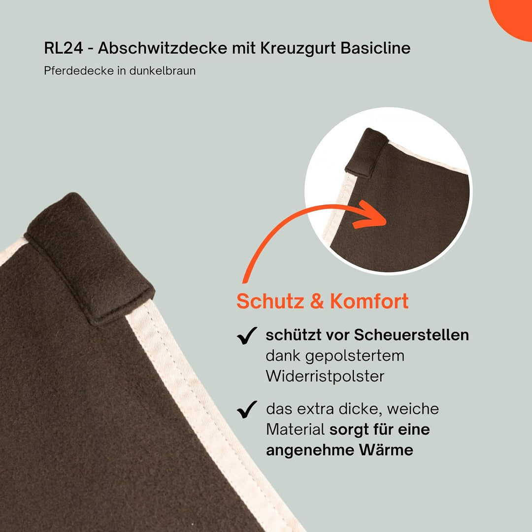 RL24 - Abschwitzdecke BASICLINE mit Kreuzgurt fürs Pferd ist atmungsaktiv Fleecedecke Transportdecke