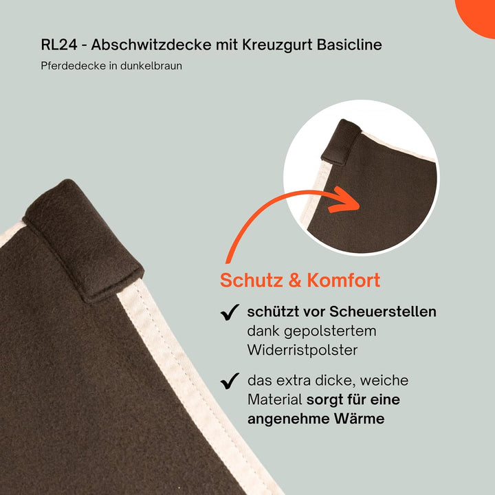 RL24 - Abschwitzdecke BASICLINE mit Kreuzgurt fürs Pferd ist atmungsaktiv Fleecedecke Transportdecke