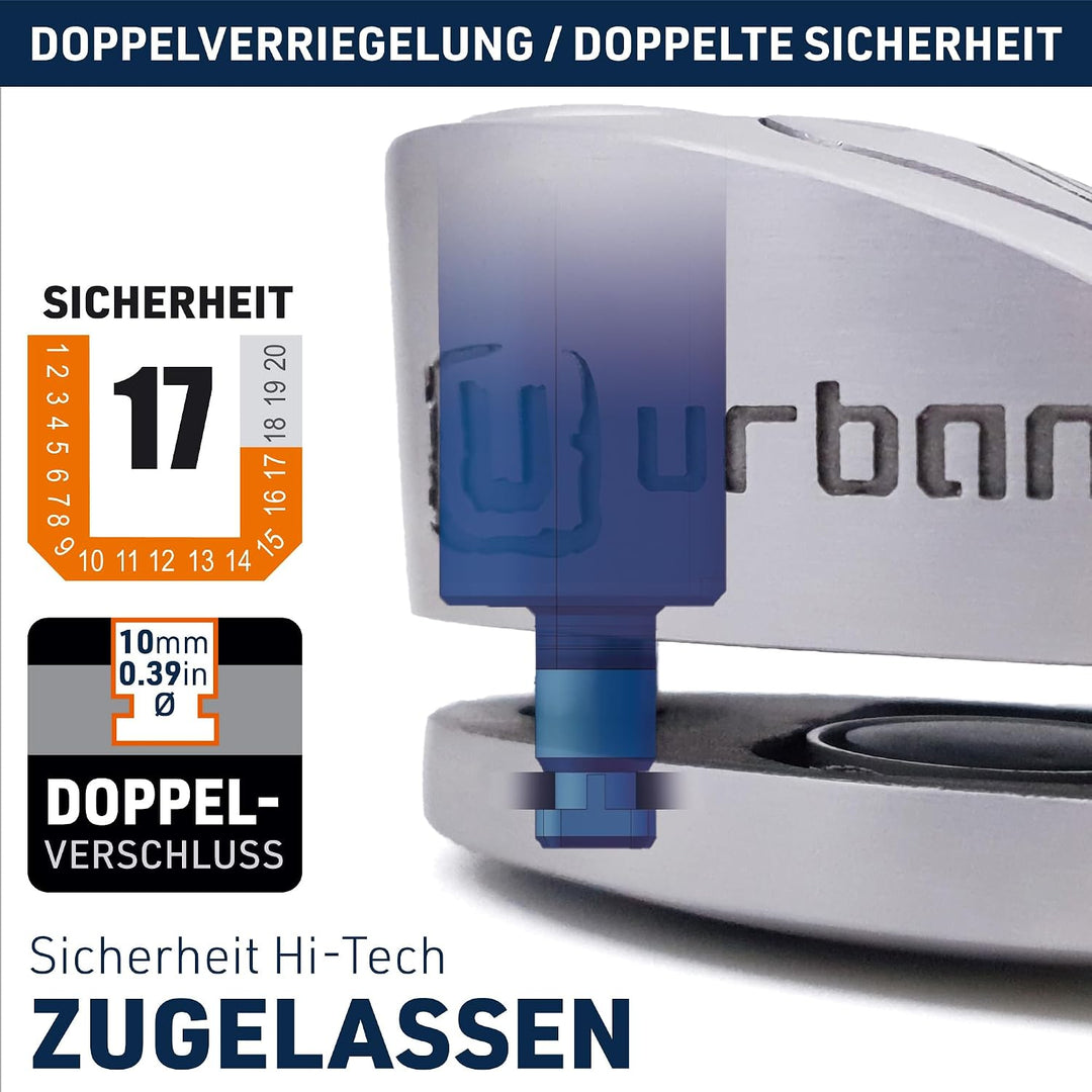 URBAN UR910S Motorrad Bremsscheibenschloss mit Alarm 120 dB + Erinnerungskabel 140cm, Doppelverriege