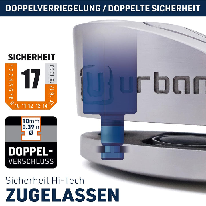 URBAN UR910S Motorrad Bremsscheibenschloss mit Alarm 120 dB + Erinnerungskabel 140cm, Doppelverriege