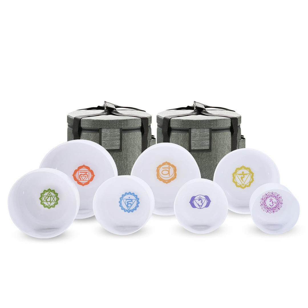 CVNC 432HZ 6-12 Zoll Chakra Symbol Design Frosted Quartz Kristall Singen Schale mit 2 PCS Reise Trag
