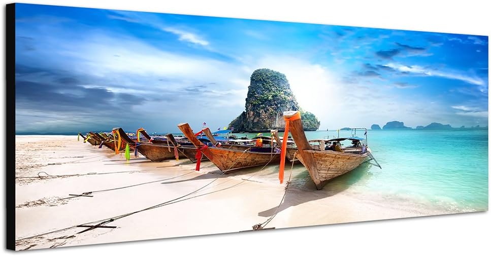 Paul Sinus Art Panoramabild auf Leinwand und Keilrahmen 150x50cm Sandstrand Meer Boote Felsen Himmel