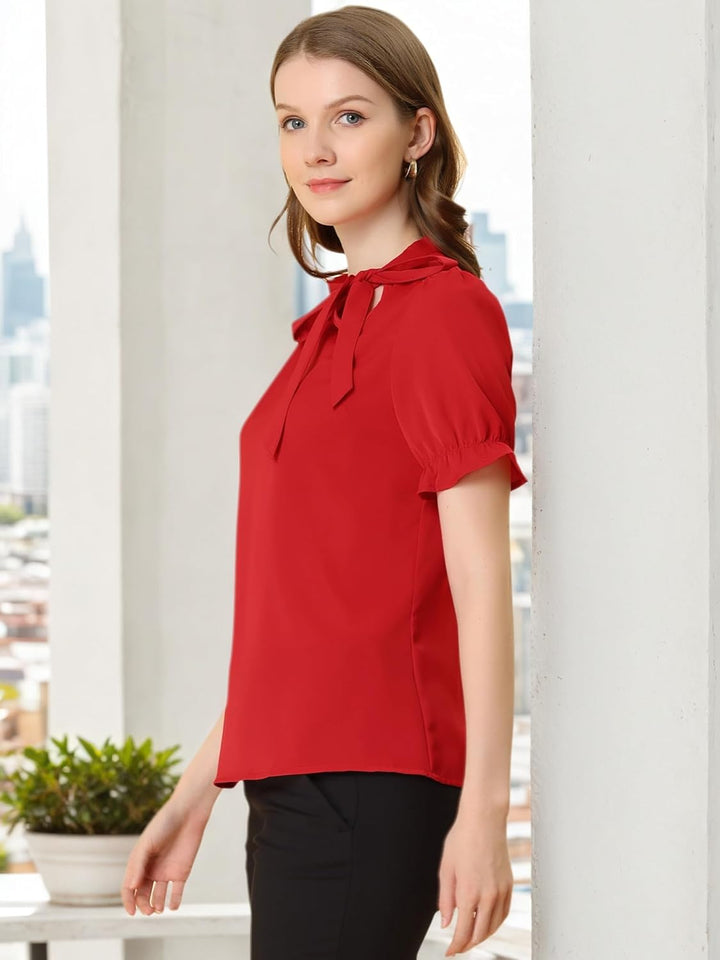 Allegra K Damen 50er Jahre Bluse mit Schleife Schluppenbluse Festliche Blusen Kurzarm Panel Fliege H