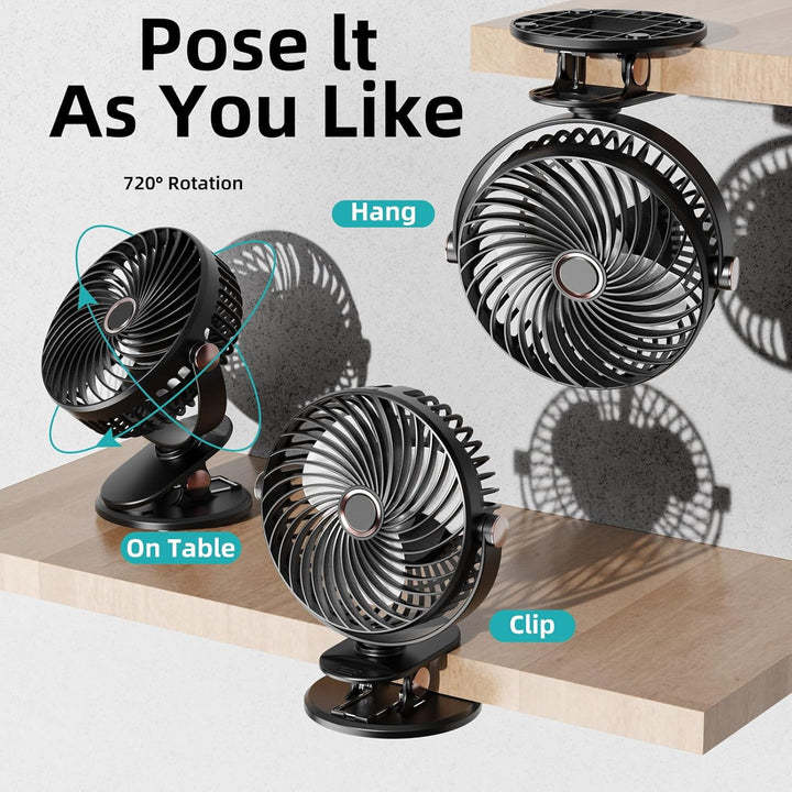 Schreibtischventilator, Mini-Ventilator, USB, leise, mit LCD-Display, 6000 mAh, Clip-Ventilator, 5 G