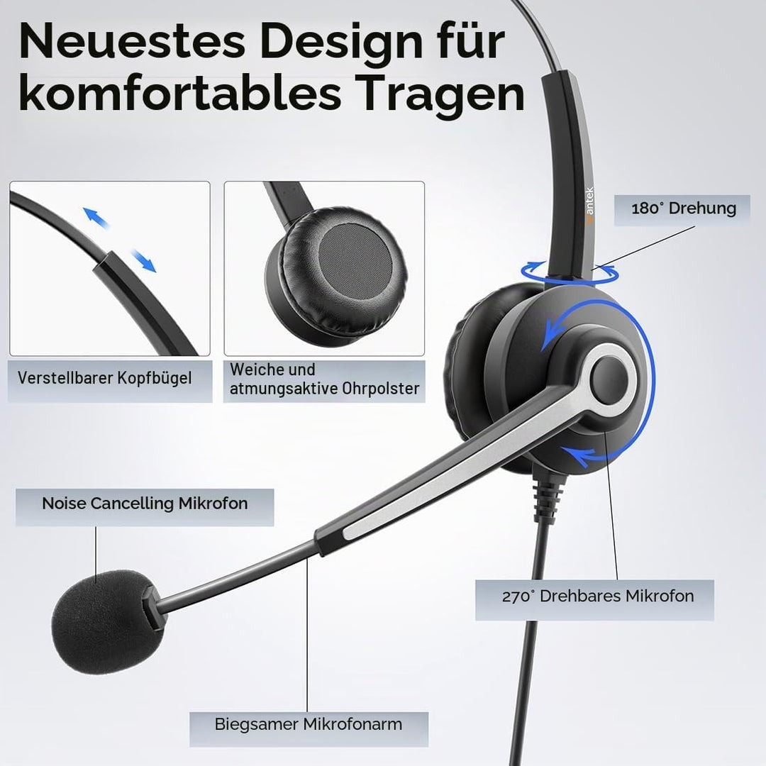 Wantek Stereo-Headset,schnurgebunden,USB-A,Mikrofon mit Noise Cancelling-ganztägiger Komfort-USB-A:P