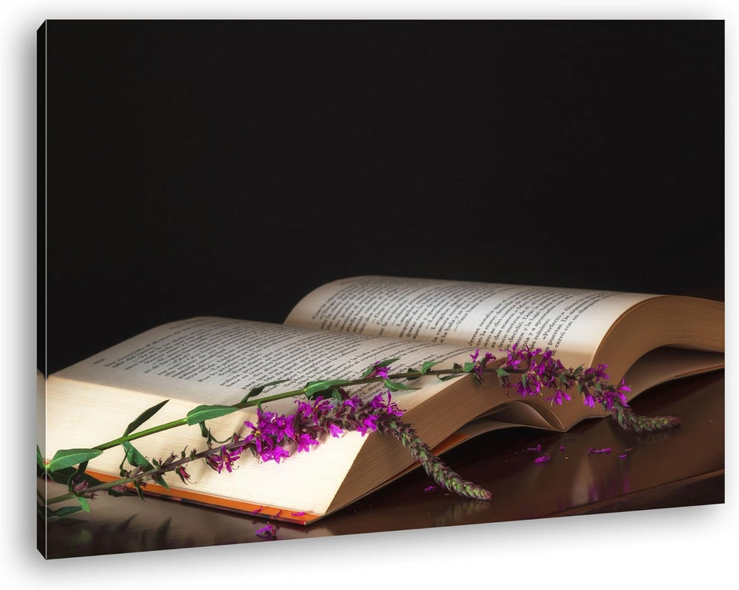deyoli aufgeschlagenes Buch mit einem Lavendelzweig Format: 80x60 als Leinwandbild, Motiv fertig ger