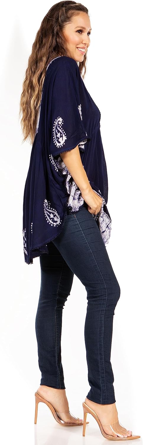 Sakkas Amori V-Ausschnitt Stickerei Poncho Top/vertuschen Einheitsgrösse Marine / Weiss, Einheitsgrö