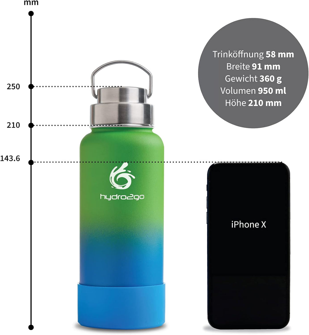 hydro2go ® Trinkflasche aus Edelstahl 1000 ml / 1 Liter - für Sport, Fitness & Outdoor | Thermo Edel