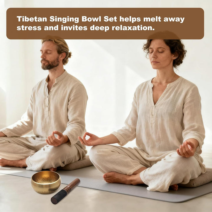 Tibetische Klangschale 9.5cm Set – Handgehämmert aus Messing mit Holzklöppel Kissen Aufbewahrungsbeu