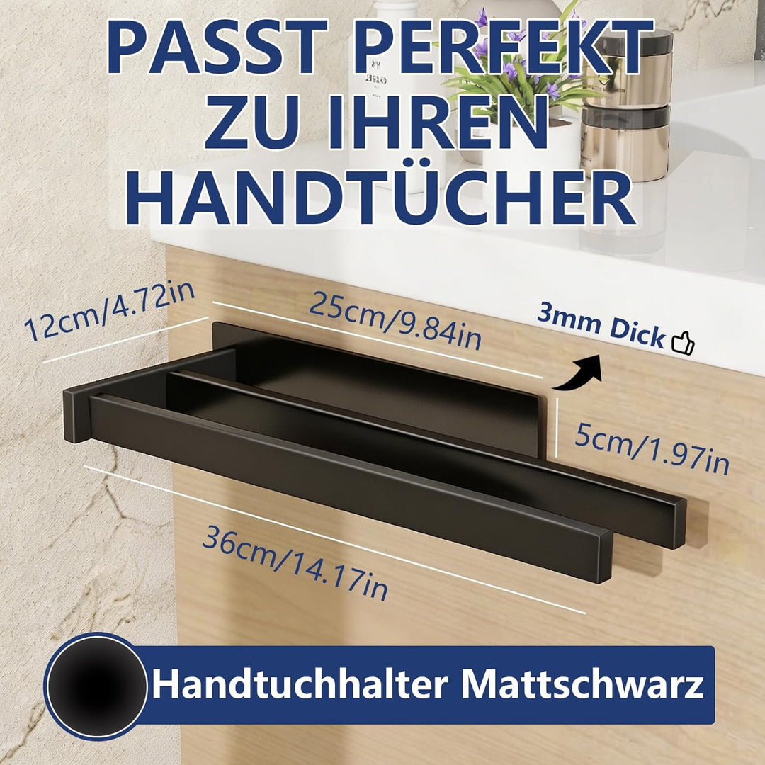 Feligio Handtuchhalter Ohne Bohren Schwarz Matt 36 cm - Edelstahl 3mm Verdickt - Handtuchstange zum