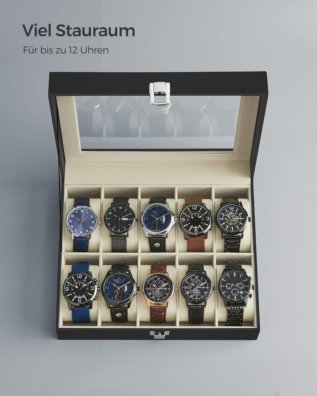 SONGMICS Uhrenbox mit 10 Fächern, Uhrenkasten, Glasdeckel, Uhrenkoffer, herausnehmbare Uhrenkissen,