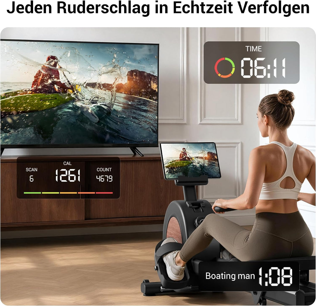 UMAY Rudergerät für Zuhause,16 Widerstandsstufen,APP-Verbindung Schwarz, Schwarz