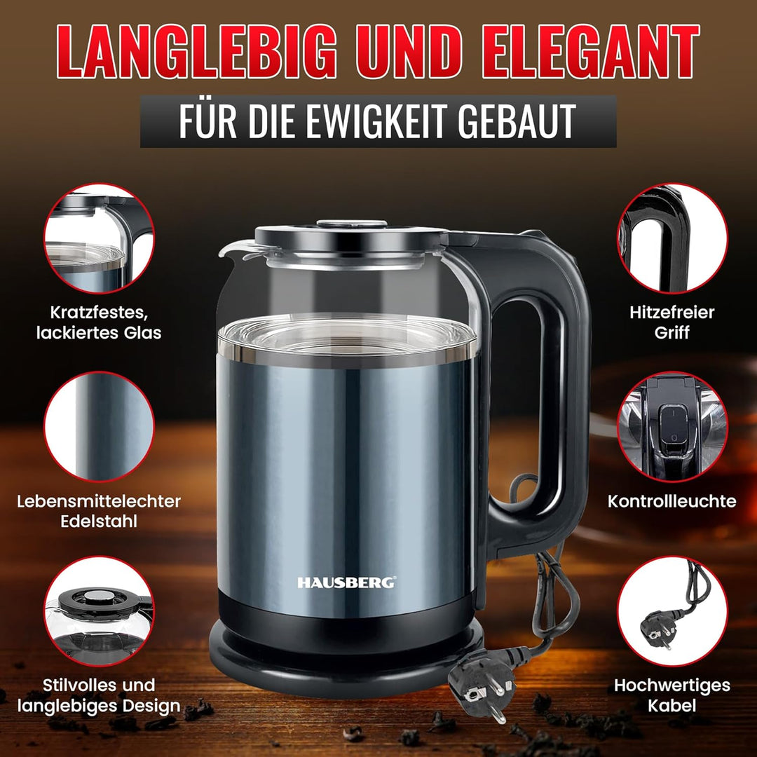 Wasserkocher 2L – Edelstahl & Glas – 1800W, Kabellos, mit LED-Beleuchtung – Automatische Abschaltung