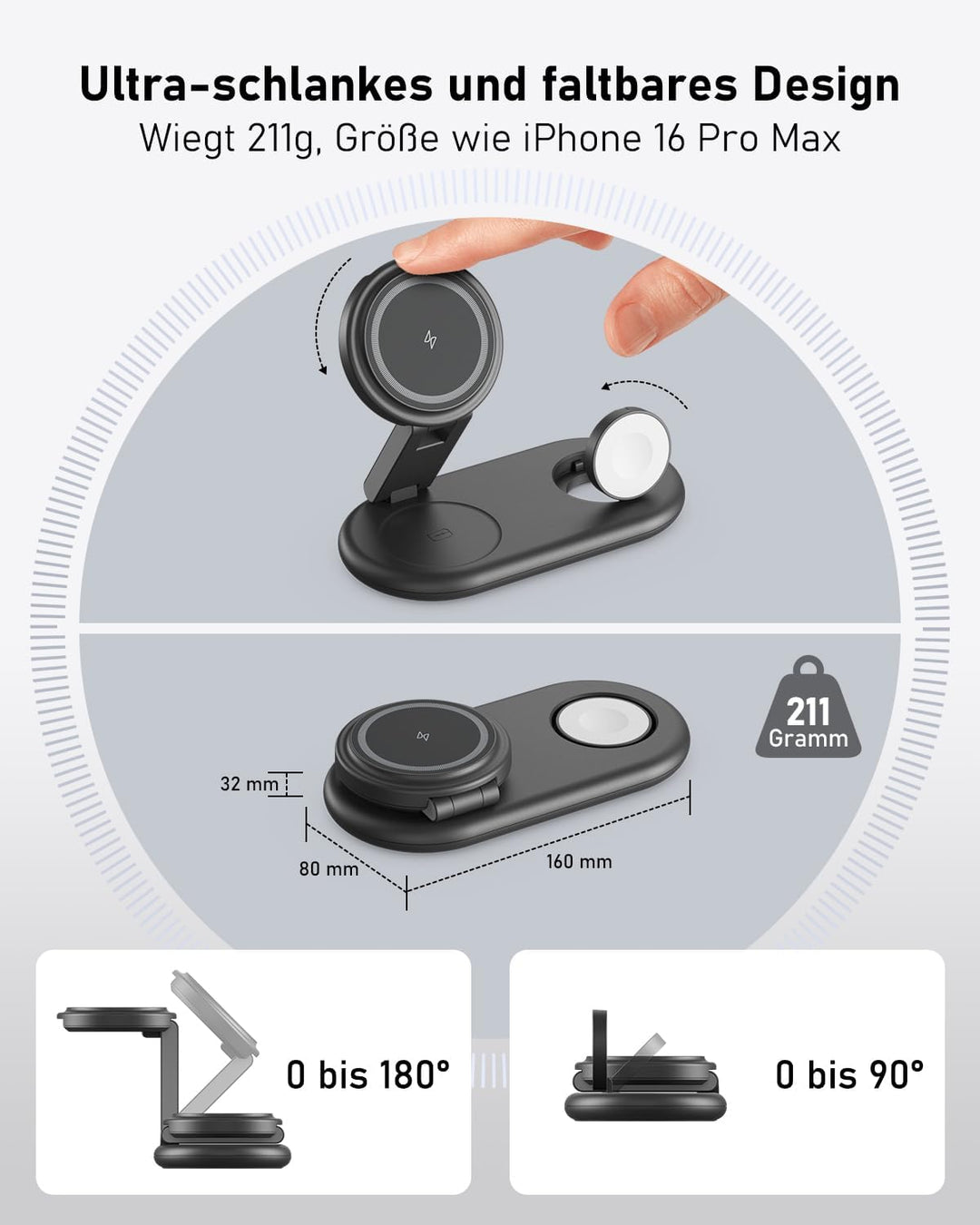 3 IN 1 Tragbare Ladestation kompatibel mit Apple Watch und iPhone, Mag-Safe Ladegerät für iPhone 16