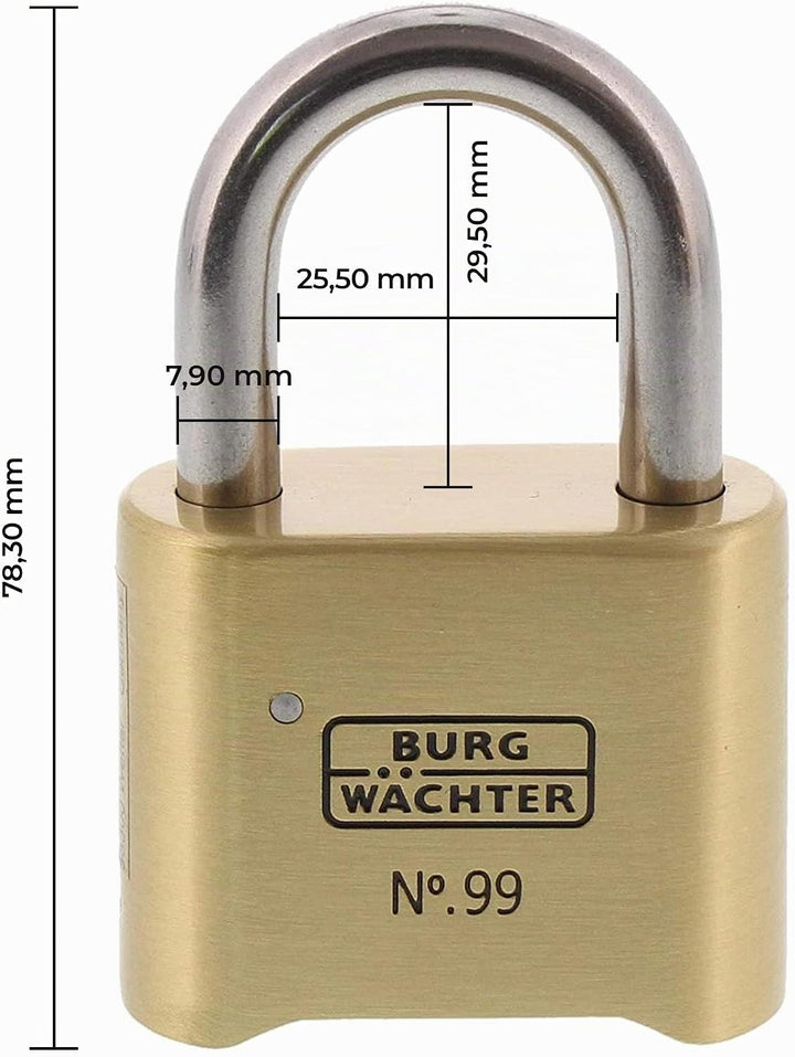 Burg Wächter Vorhängeschloss, Rostfrei, mit Zahlenschloss, 7,9 mm Bügelstärke, Massiver Messingkörpe