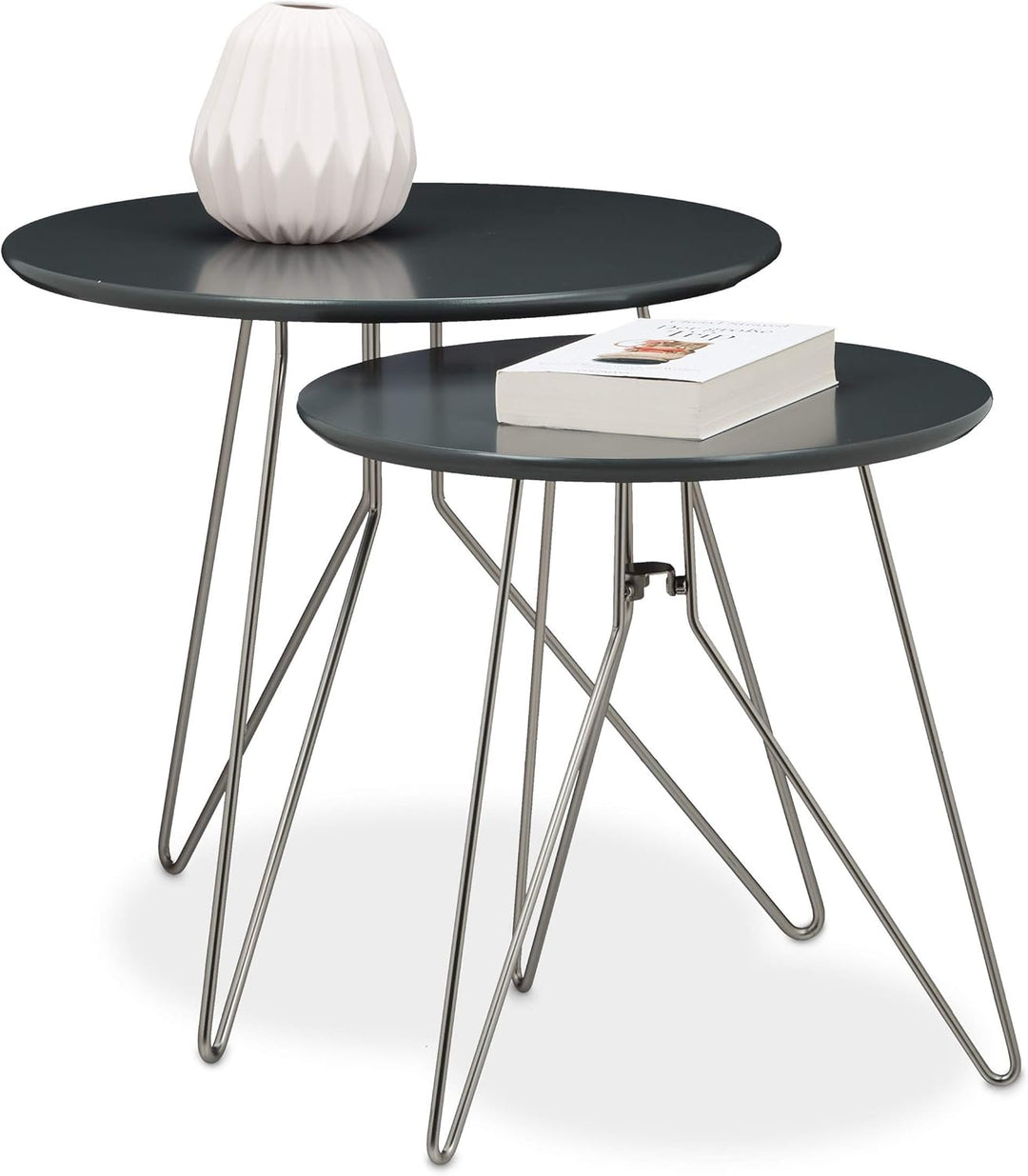 Relaxdays Beistelltisch 2er Set Wohnzimmertische aus Holz mit grau-matt lackierten Tischplatten im D