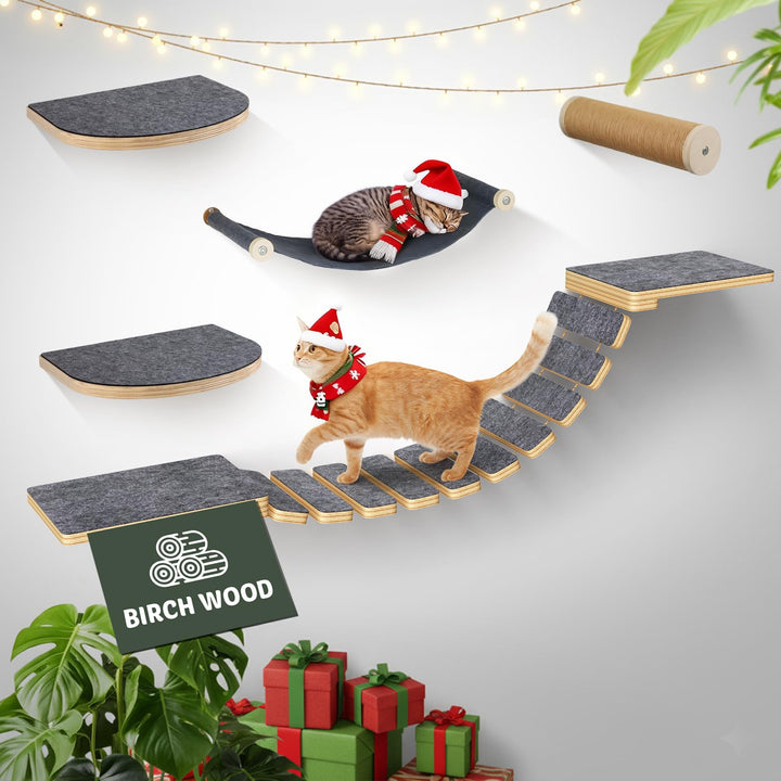 Modulares Katzen Kletterwand Set - aus Birkenholz | 5-in-1 Katzen Wandelemente mit Katzenbett & Lauf