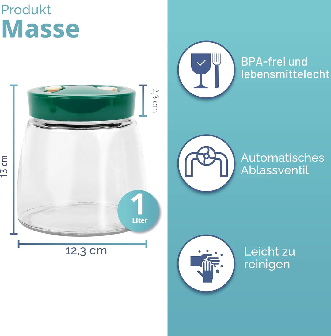Gärglas mit Entlüftungsventil mit 1-Wege-Entlüftung - 1L 2er-Pack Lebensmittelecht Fermentierglas fü