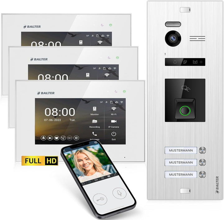 Balter EVO-HD Video Türsprechanlage mit Fingerprint, Video Türklingel, Smartphone App, 3 Familienhau