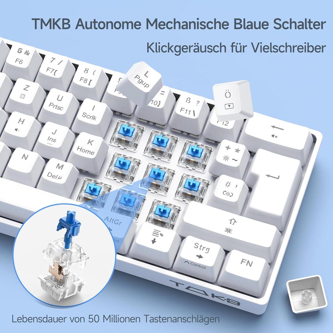 TMKB T61SE Gaming Mechanische Tastatur mit Deutsches QWERTZ Layout,Blauer Schalter,weisse QWERTZ Lay