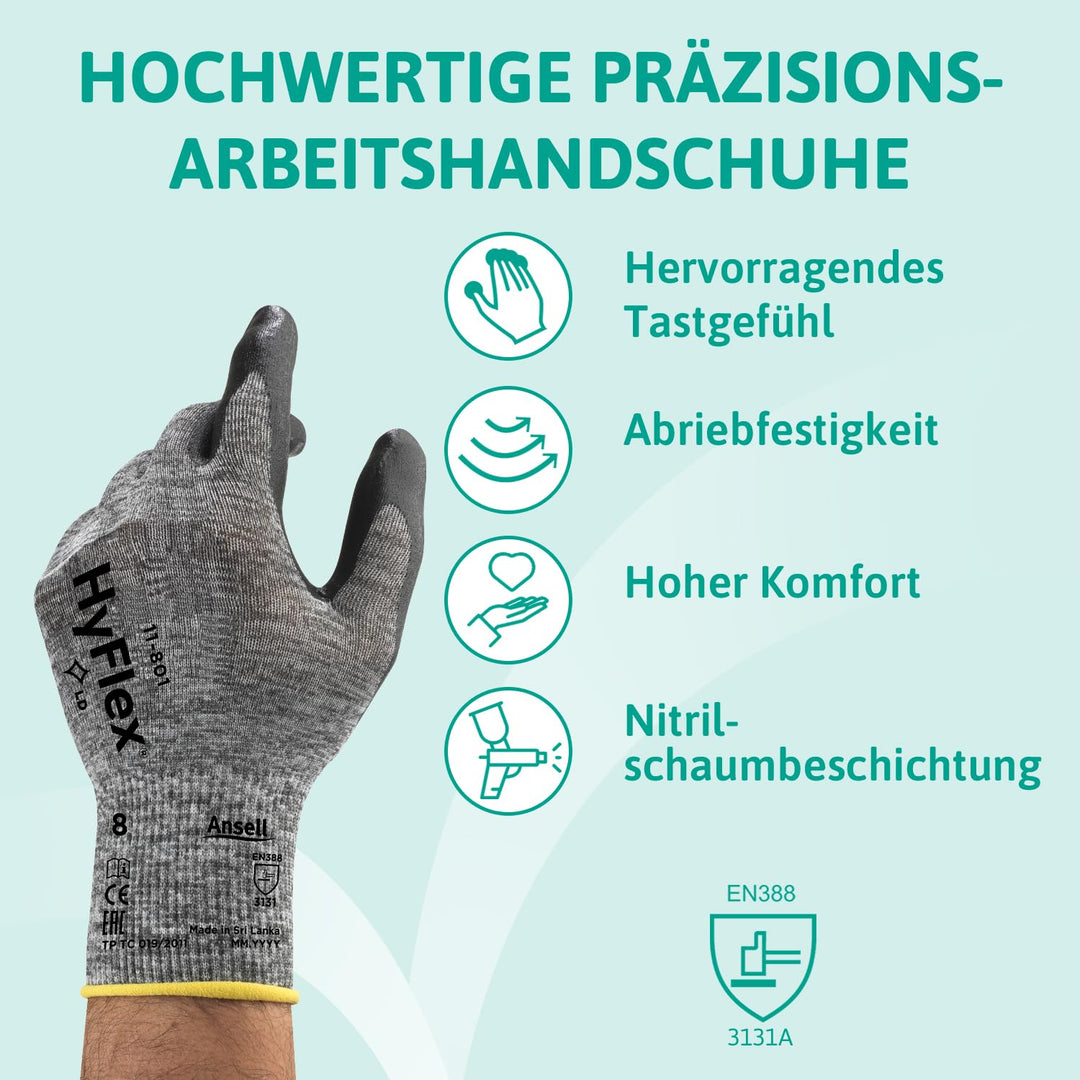 Ansell HyFlex 11-801 Professionelle Arbeitshandschuhe, Rutschfeste Nitril-Beschichtung, Industrie-Sc