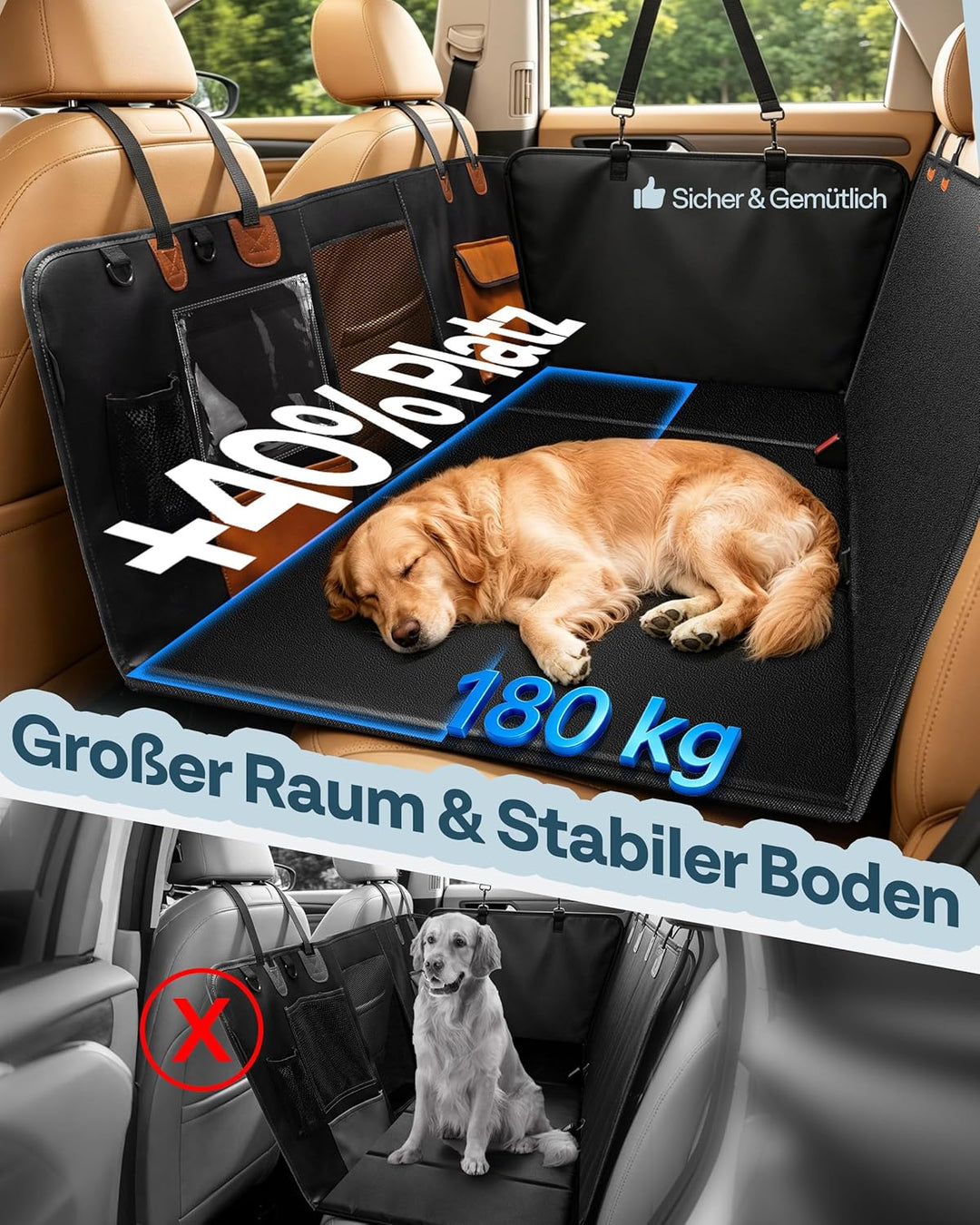 Hundedecke für Auto Rückbank Hundesitzbezug mit Harter Unterseite inkl. Seitenschutz und Sichtfenste