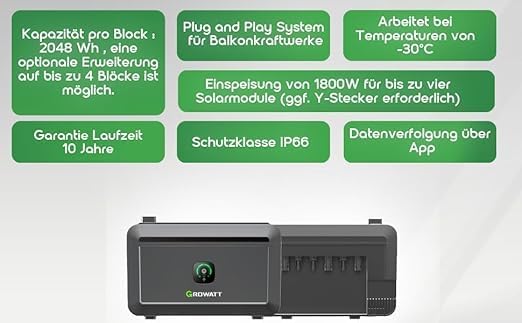 Speicher 2000 Wh für Balkonkraftwerk & Solaranlage Growatt NOAH 2000 Plug&Play System bis 8192 Wh er