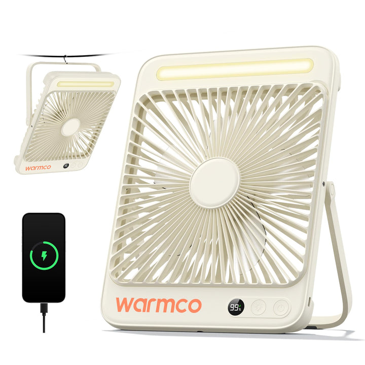 Warmco 20000mAh Akku Camping Ventilator 27cm mit Lampe, 15-48 Std. Laufzeit, Ultra-Leise, Ultraflach