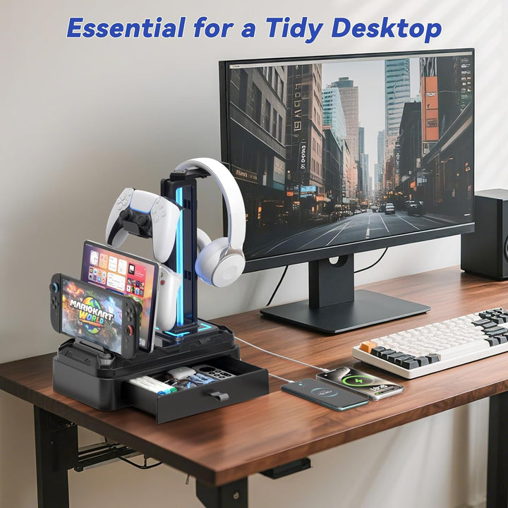 KDD Gaming Kopfhörer Ständer Led mit USB A Typ-C Ladegeräten, Headset Halterung Tisch & Abnehmbar Co