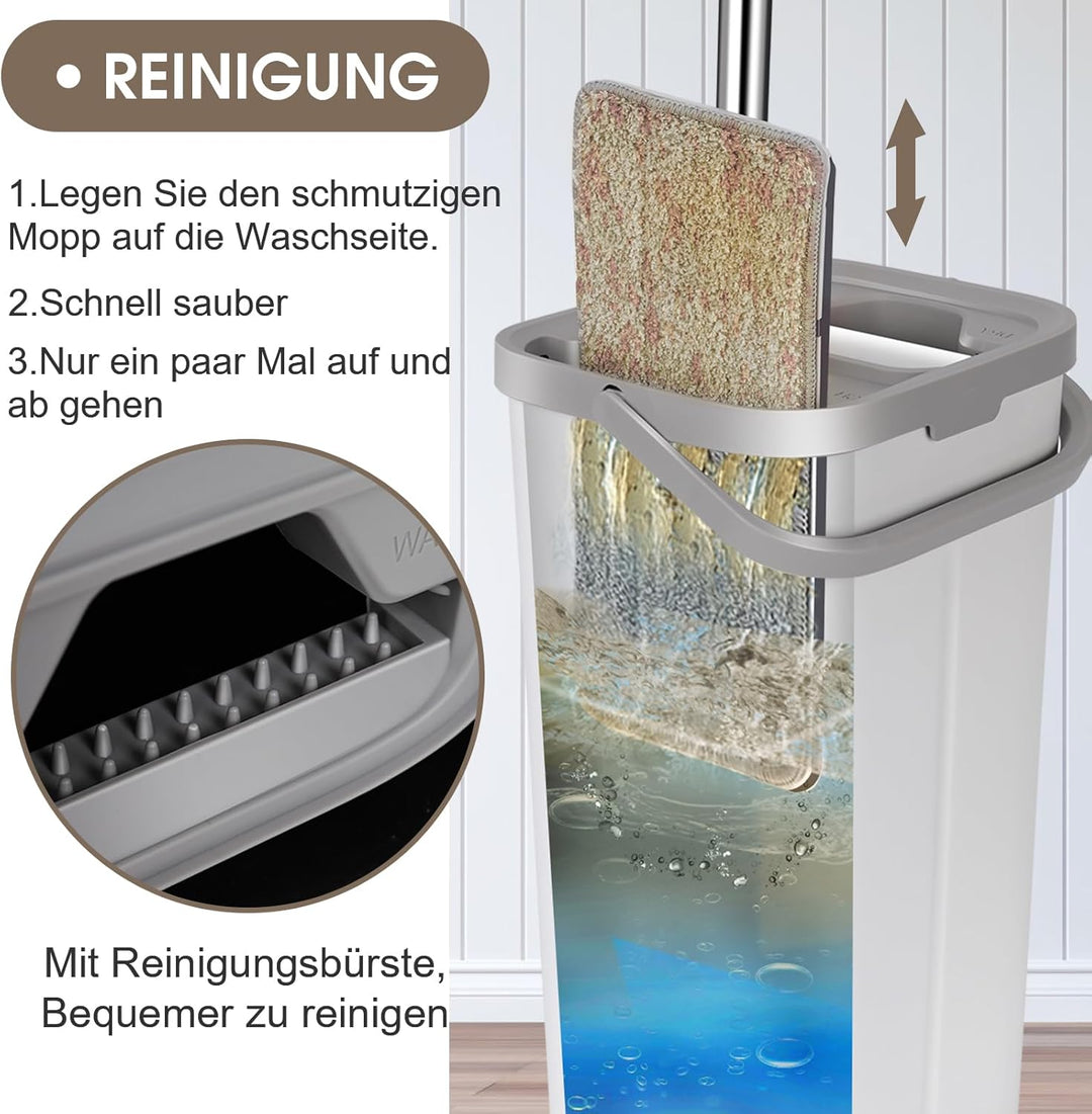 MASTERTOP Flachmopp und Eimer Set, Mikrofaser Bodenwischer mit 10 wiederverwendbaren Wischmopp-Pads