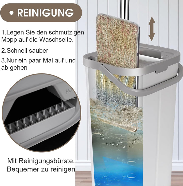 MASTERTOP Flachmopp und Eimer Set, Mikrofaser Bodenwischer mit 10 wiederverwendbaren Wischmopp-Pads