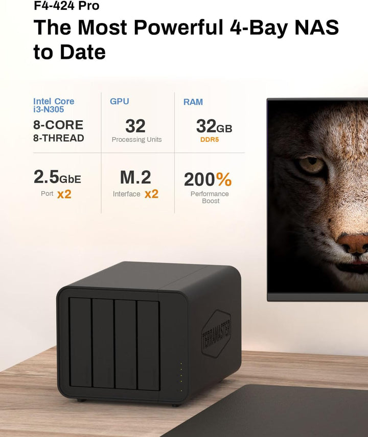 TERRAMASTER F4-424 Pro NAS Speicher - 4Bay Core i3-N305 8-Core 8-Thread CPU, 32GB DDR5 RAM, 2.5GbE P