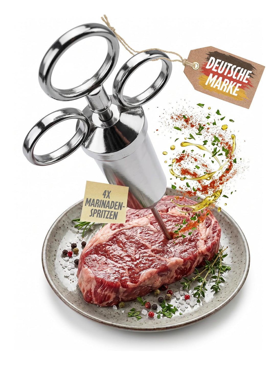 Edelstahl 2X Fleischspritze Marinierspritze Fleisch Spritze Marinadenspritze 60 ml Fassungsvermögen
