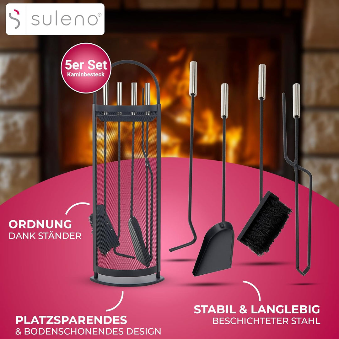 SULENO Kaminbesteck BELFAST 5-teilig Kamingarnitur mit Ascheschaufel Besen Schürhaken, Kaminset & Ha