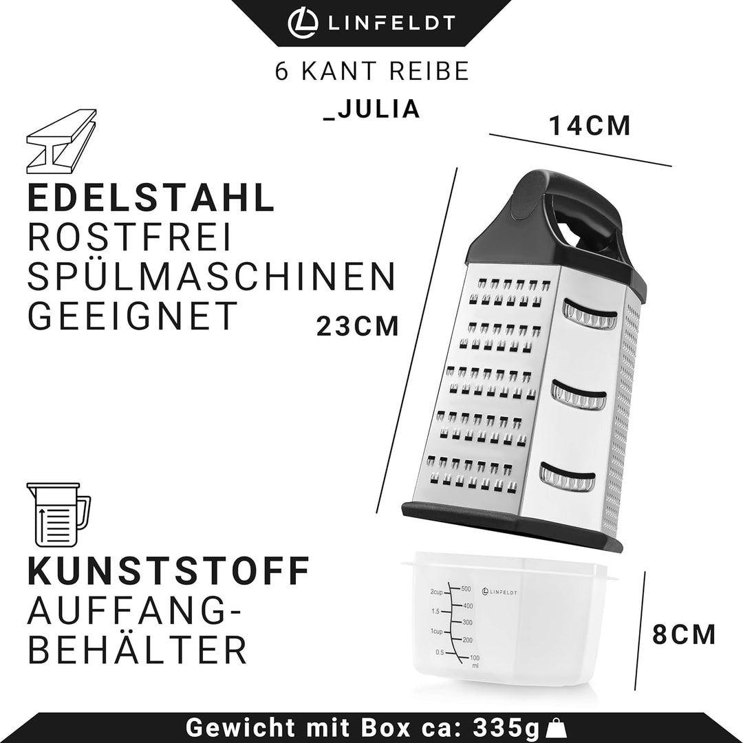 6-Kant Reibe Edelstahl Küchenreibe mit Behälter - Rostfrei Spülmaschinengeeignet 23x14cm Multi Reibe