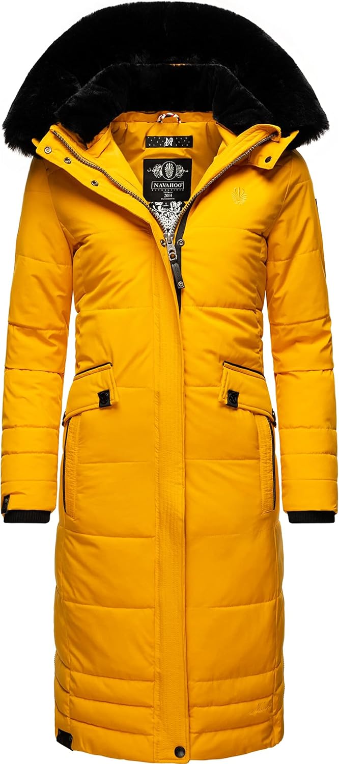 Navahoo Damen Wintermantel Warmer Steppmantel lang mit Abnehmbarer Kapuze Fahmiyaa XS-3XL XS Gelb, X