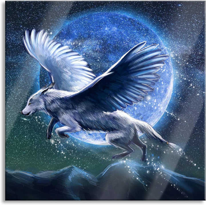 Pixxprint Glasbild | Wandbild auf Echtglas | Wolf mit Flügeln | 40x40 cm | inkl. Aufhängung und Abst
