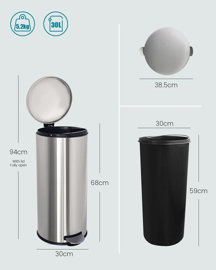 Mülleimer 30 L Treteimer mit Softclose-Deckel, Abfalleimer 30 Liter mit Fusspedal, Rund Mülleimer mi