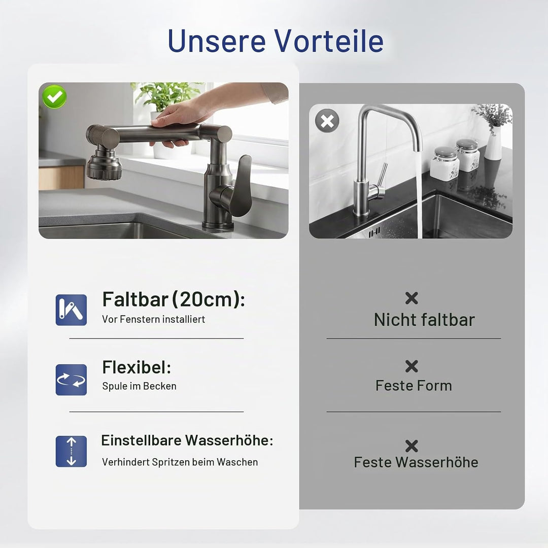 Vorfenster Küchenarmatur Klappbar, Spülarmatur mit 2 Strahlarten Faucet, 1080° Flexibler Mischbatter