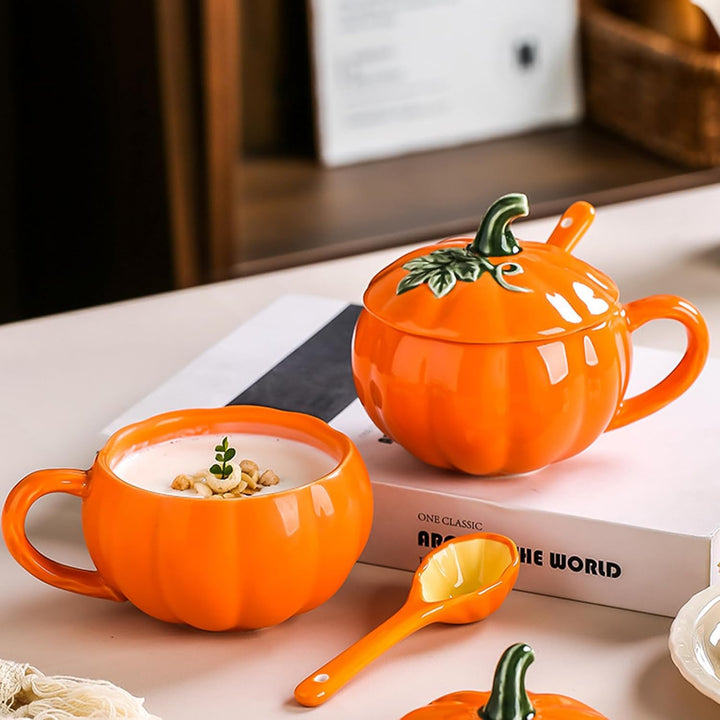 Halloween -Becher Kürbis -Becher mit Deckel und Keramiklöffel, hitzebeständiger Halloween -Kürbis -