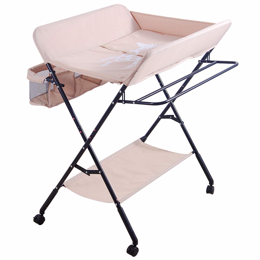 Klappbare Baby Wickelkommode, Wickeltisch mit Ablageflächern, Rollen, Kissen mit Höhenskala, 80 × 66