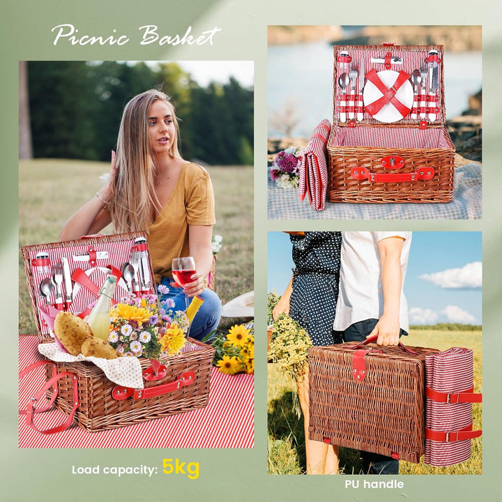 Picknickkorb für 4 Personen, aus Weide mit wasserdichter Decke und Besteck, für Camping, Rosa Rosa,