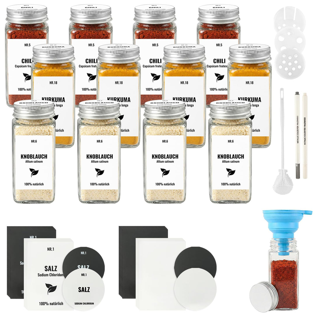 12pcs Gewürzgläser Eckig mit Aluminiumdeckel, 120ml Glasbehälter mit Streueinsatz, Luftdichte Gewürz
