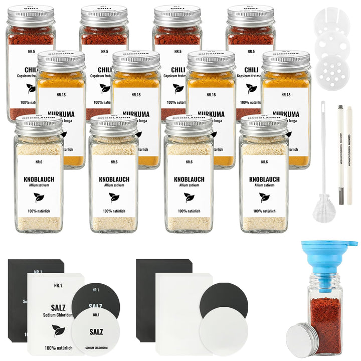 12pcs Gewürzgläser Eckig mit Aluminiumdeckel, 120ml Glasbehälter mit Streueinsatz, Luftdichte Gewürz