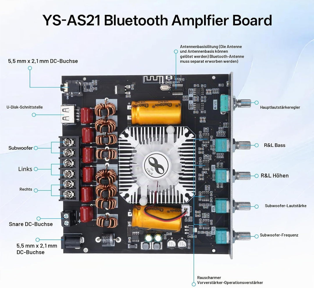 YS-AS21 HiFi Verstärker mit Bluetooth Mini Stereo-Audioverstärker 2.1 Kanal 220W x2 + 350W Stereo Mi