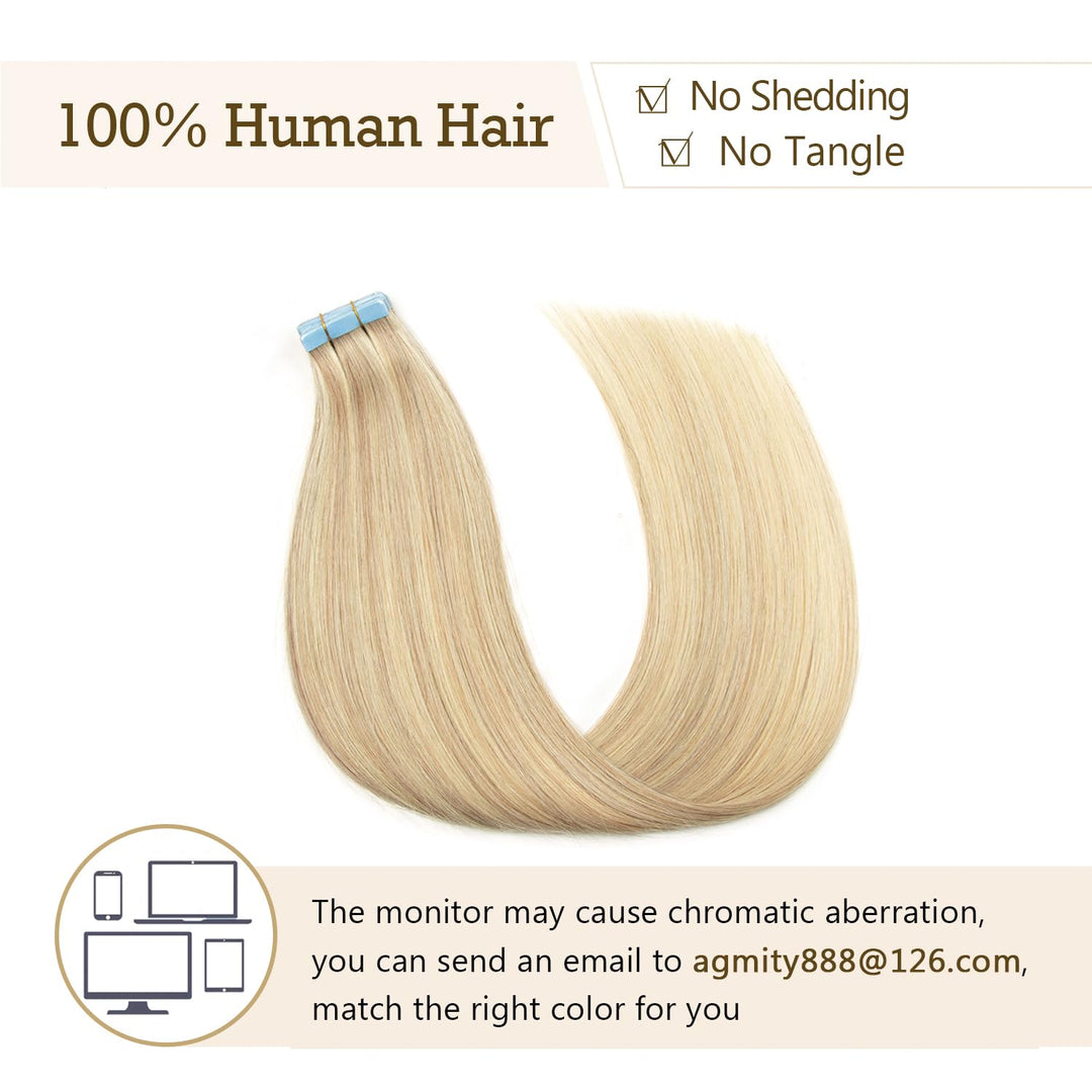 AGMITY Tape In Extensions Echthaar 20pcs 40cm 40g Aschblond mit Bleichblond Invisible Tape Extension